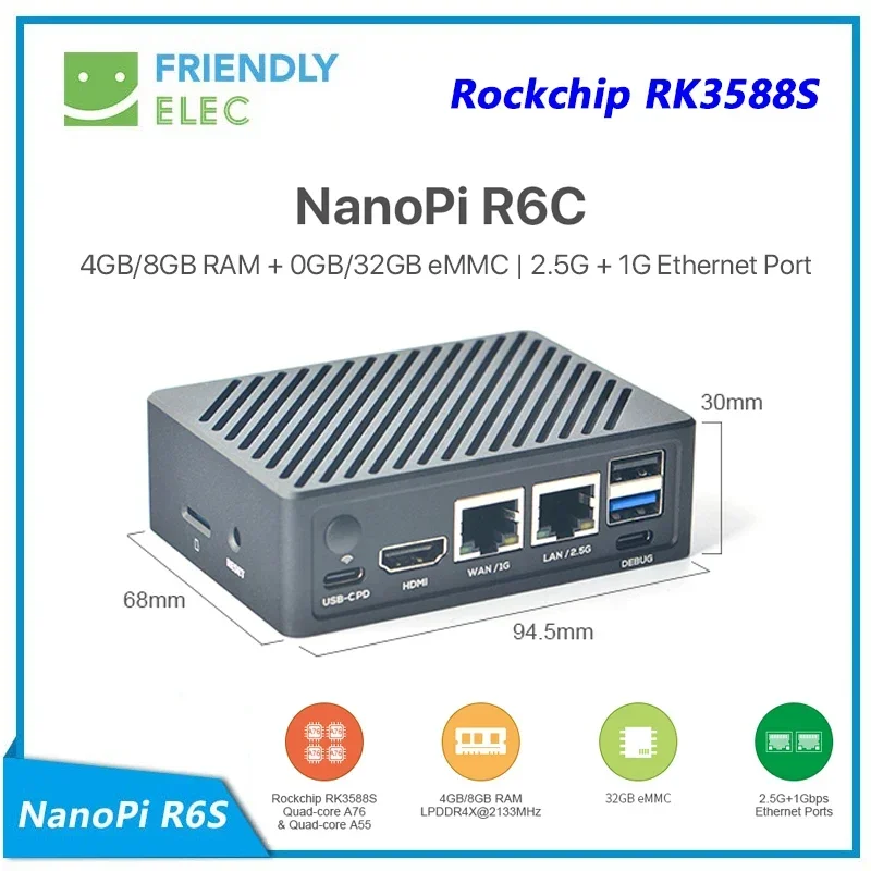 NanoPi R6C 4 ГБ/8 ГБ ОЗУ 32 Гб eMMC Rockchip RK3588S A76 A55 Dual 2 5G Ethernet Поддержка HDMI2 Linux/Openwrt/Debian/Ubuntu