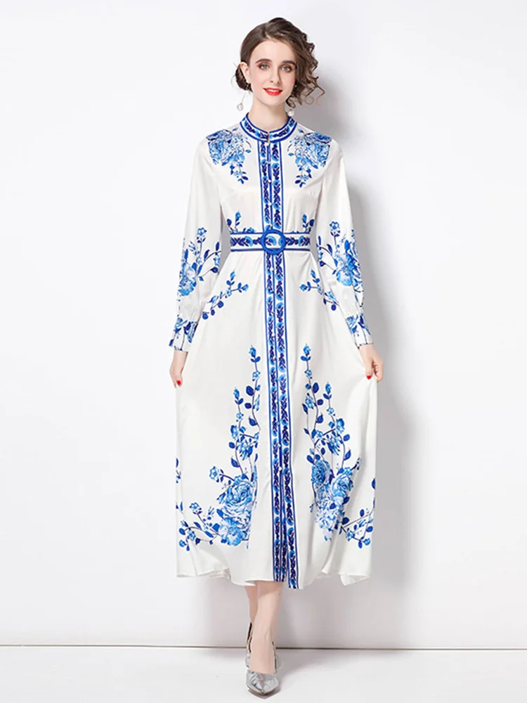 

2022 Spring Autumn Bohemian Women Chic Flower Printed Maxi Dress Stand Collar Long Lantern Sleeve Split Belted Party Vestido