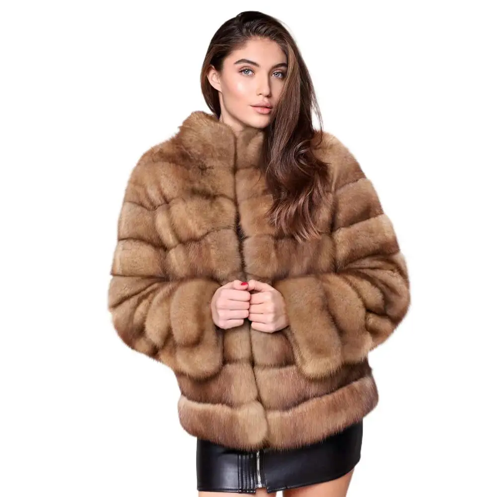 

Женская куртка из натурального Лисьего меха, новая модная зимняя шуба из натурального меха соболиного цвета, женское теплое пальто средней ...