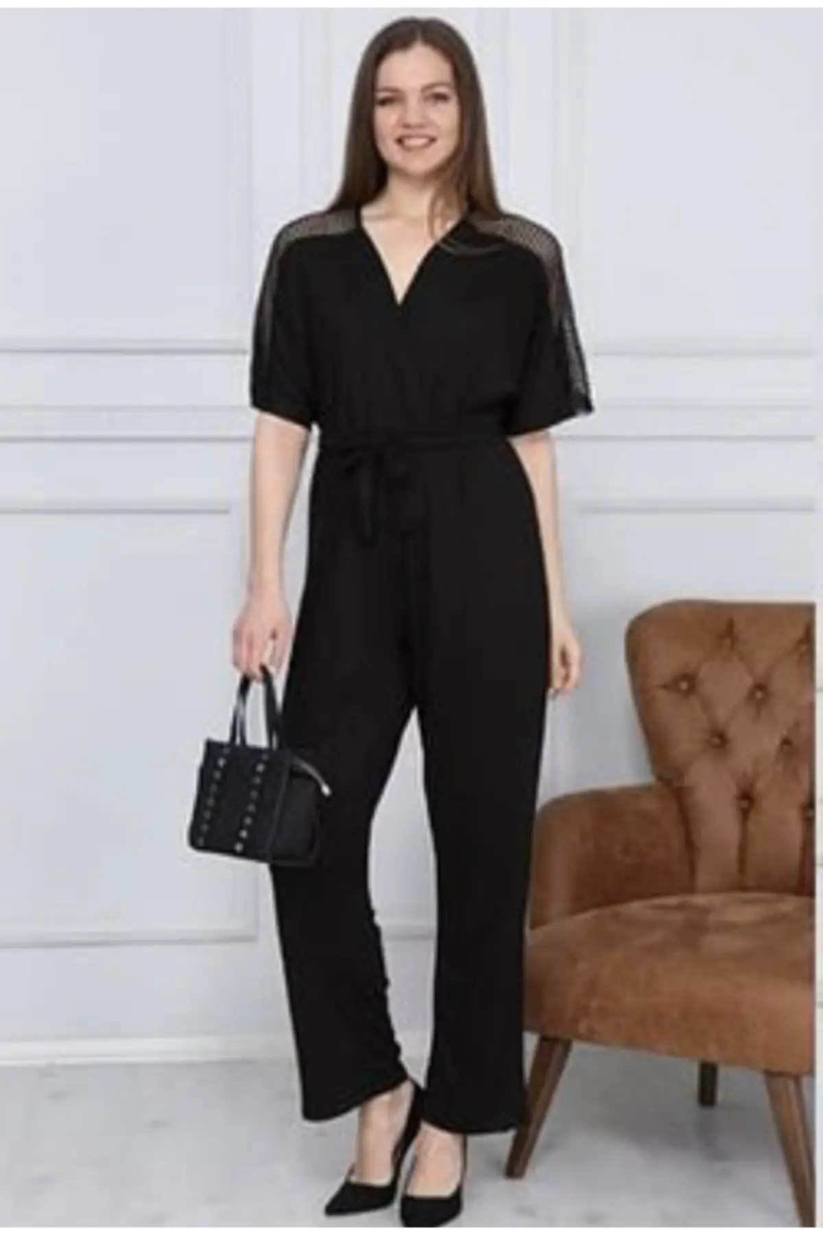 

Women's Overalls Fishnet Sleeve Belt Double Breasted Collar Black Jumpsuit Hot Casual Fashion Sleeveless Baggy Trousers Overalls