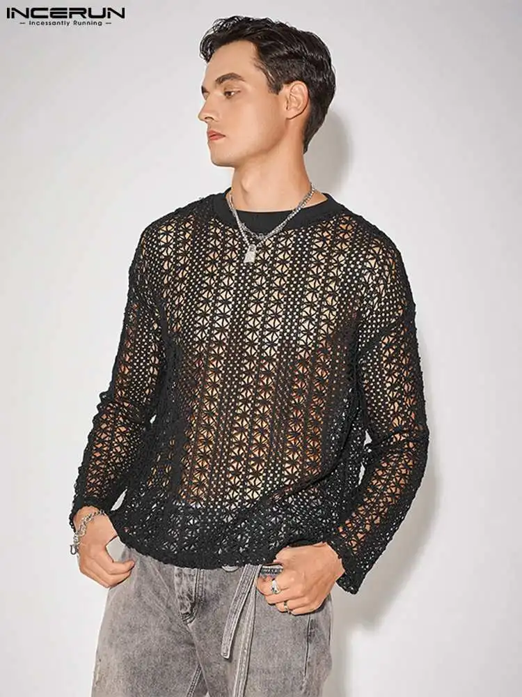 

INCERUN Tops 2022 American Style Men Vertical Hollow Loose Camiseta Sexy Party Male See-through Long Sleeve Thin T-shirts S-5XL
