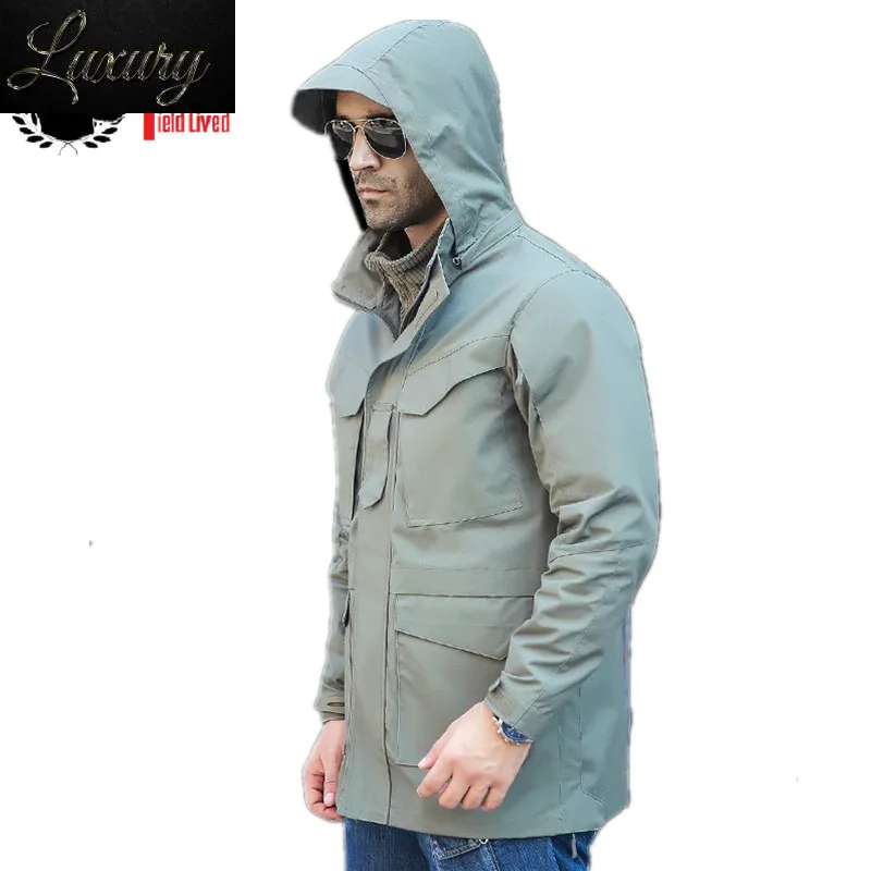 Long Army Jacket Military Style Tactical Cardigan Slim Elastic Waist Removable Hooded Coats Male
