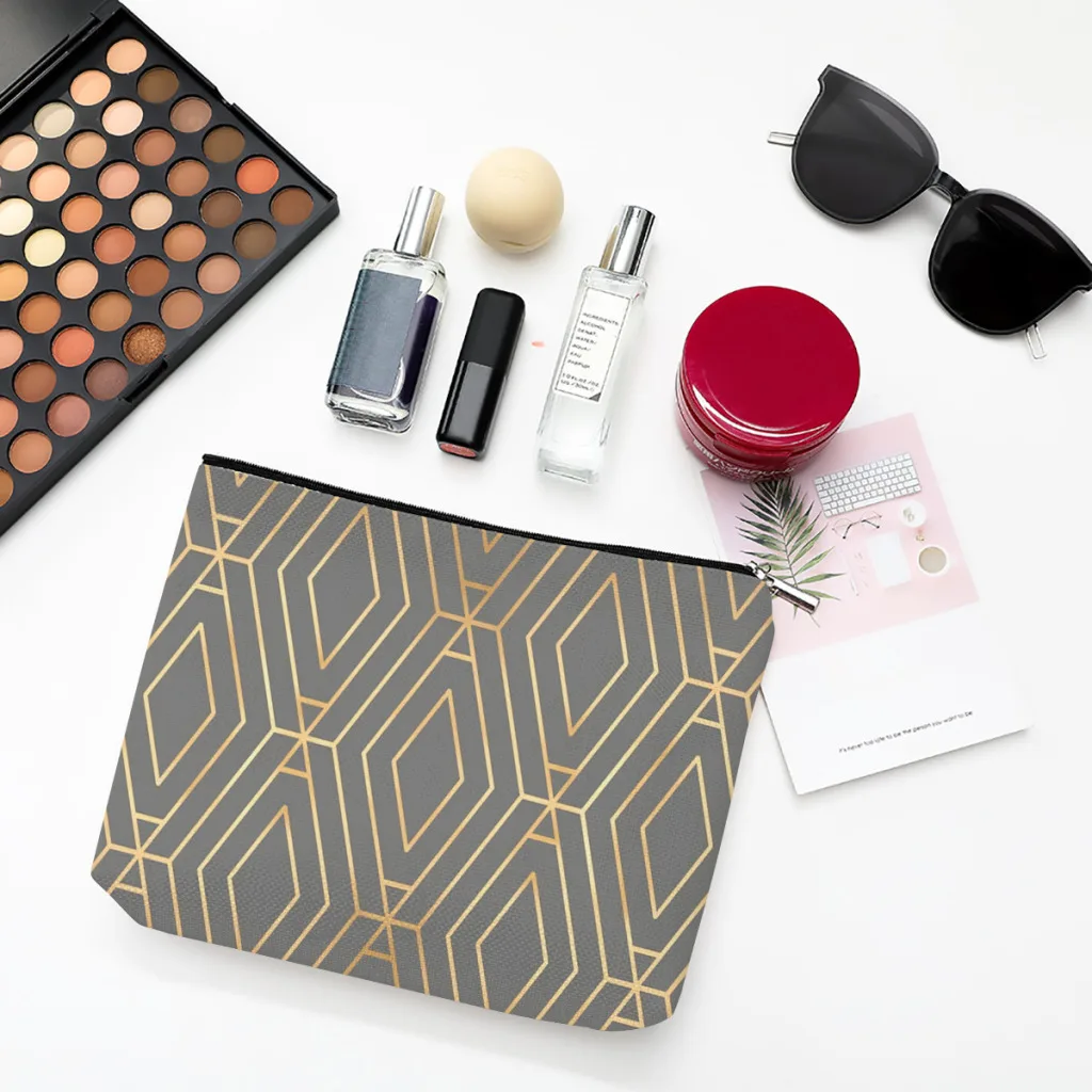 

Grey Gold Diamond Geometric Linen Women Cosmetic Bag Art Makeup Pouch Lady Tote Purse Travel Organizer Case