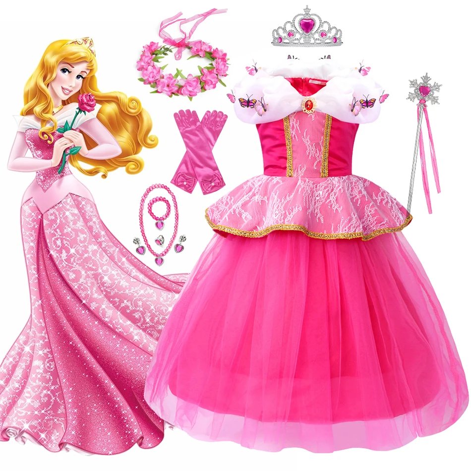 

Disney Aurora Princess Dress Girl Sleeping Beauty Cosplay Clothing Butterfly Off Shoulder Lace Robe Kids Gorgeous Christmas Gift