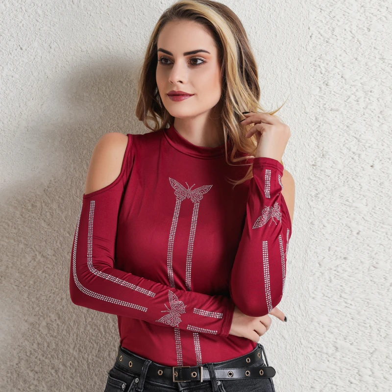 

Женская футболка с длинным рукавом, облегающий Топ без бретелек с длинными рукавами и стразами в виде бабочек, новинка весны 2022, универсальн...