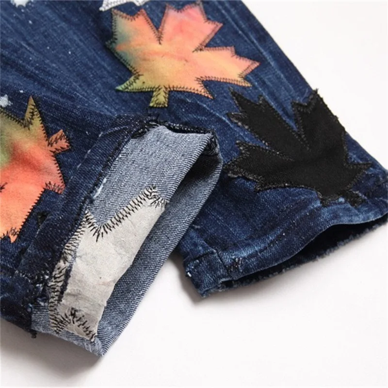 EH·MD® Leaf Embroidery Men's Jeans Speckled Soft Casual Loose Cotton Elastic Denim Pants Frayed Wrinkles Slim Fit Seasonal New 2