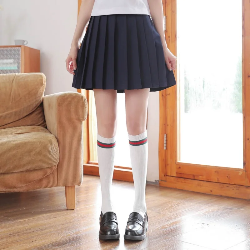 Three Bars Thigh High Socks Long Tube Knee Length Socks Autumn Winter Japanese JK Cotton Calf Socks Bunching Socks Three Bars Tu