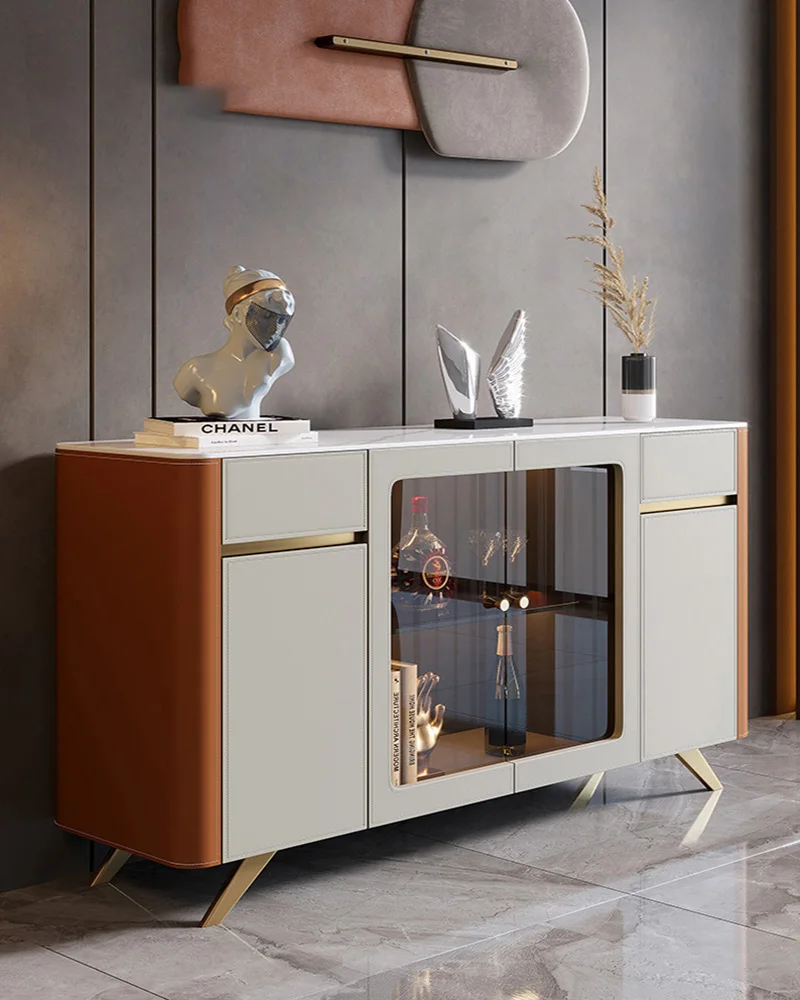 

Italian-Style Light Luxury Saddle Leather Sideboard Cabinet Small Apartment Home Wall Locker Home Entrance Cabinet Stone Plate