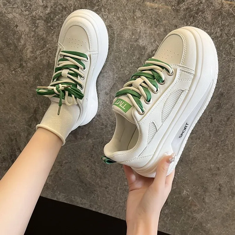 

2022 New Spring Women Platform Sneakers Thick Bottom Casual Sports Shoes Breathable Lace-Up Sneakers Women's White Shoes
