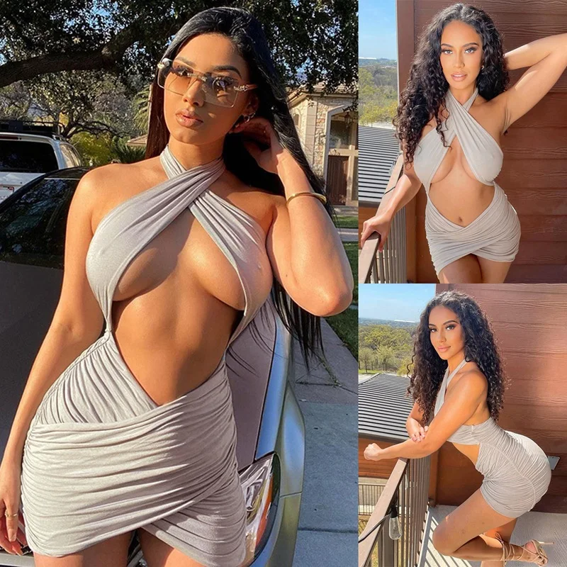 

Women's Fashion Sexy Halter Halter Hollow Dress Gray