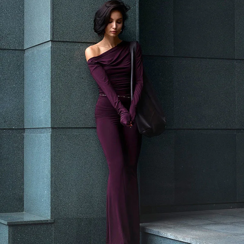 Apprabant Fashionable Sloping Shoulders Solid Trousers Set Long Sleeve Sexy Tight Fit Tops Streetwear Micro Flare Pants Suit