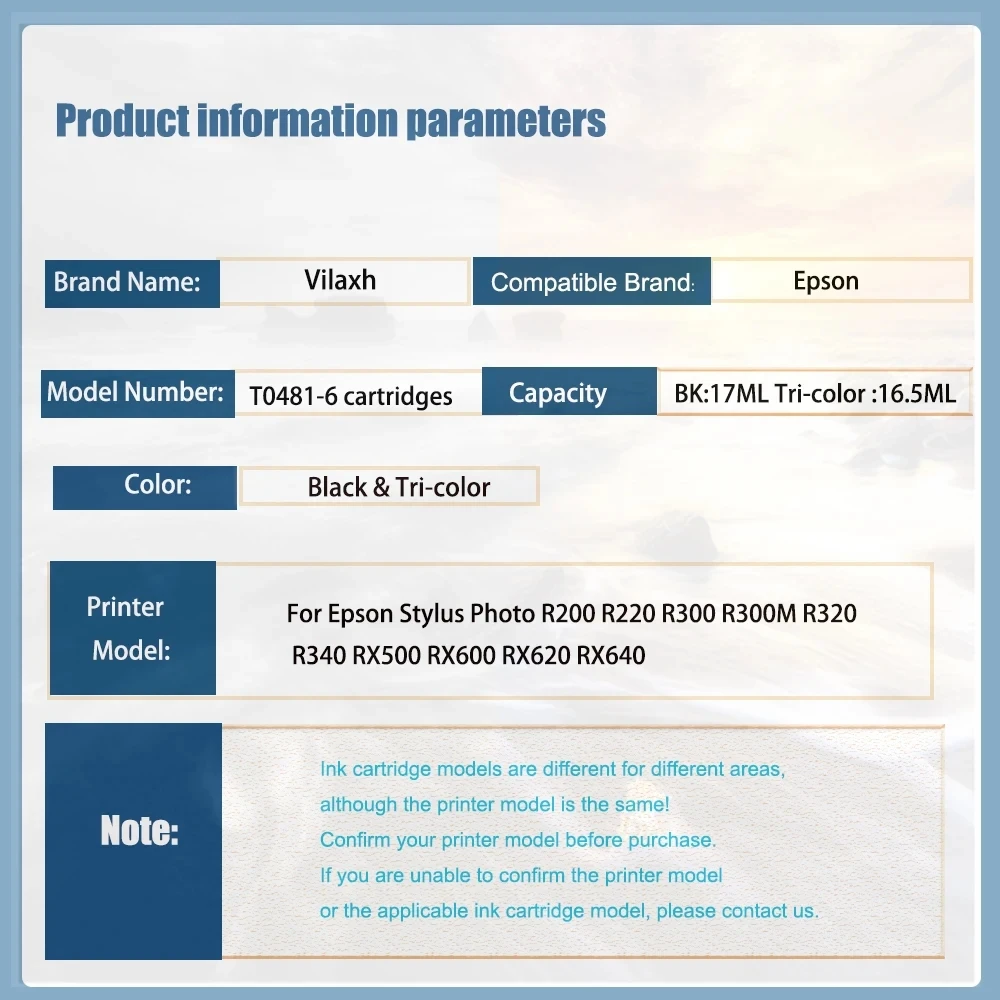 Картриджи чернильные Vilaxh T0481 T0482 T0483 T0484 T0485 T0486 6 цветов совместимые с EPSON STYLUS Photo RX500