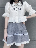 houzhou kawaii white shirt women japanese sweet peter pan collar bow button puff sleeve lolita casual shirt soft girl crop top