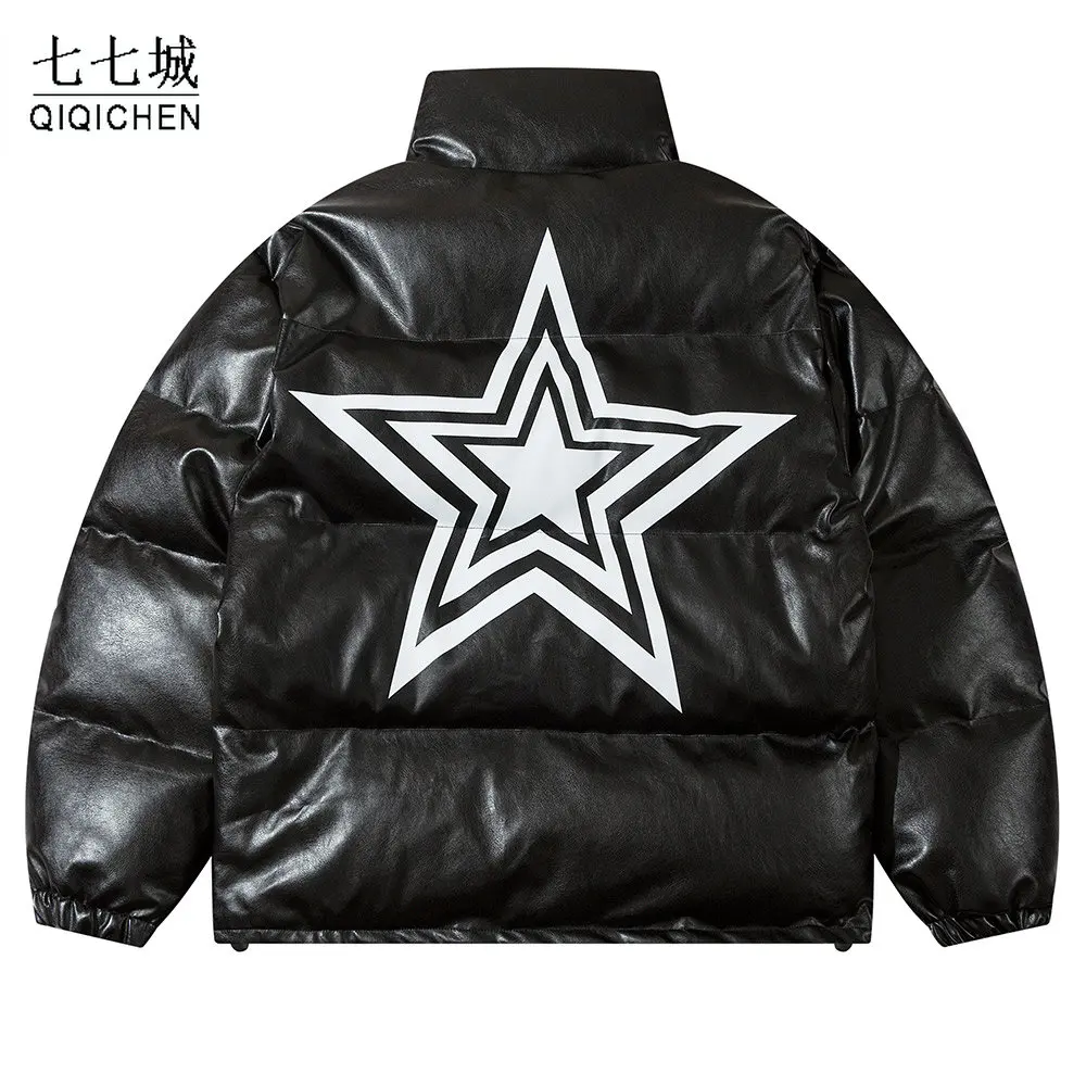 Hip Hop Men Black Parkas Jacket Streetwear Retro Letter Star Graphic Jacket Harajuku Zip Up Coat Fashion Winter Cotton Outerwear