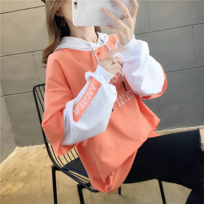 Harajuku Japanese Sweatshirt Women Clothes Autumn Orange Hoodies Patchwork Long Sleeve Pullover Loose Jumper Hoodie Females