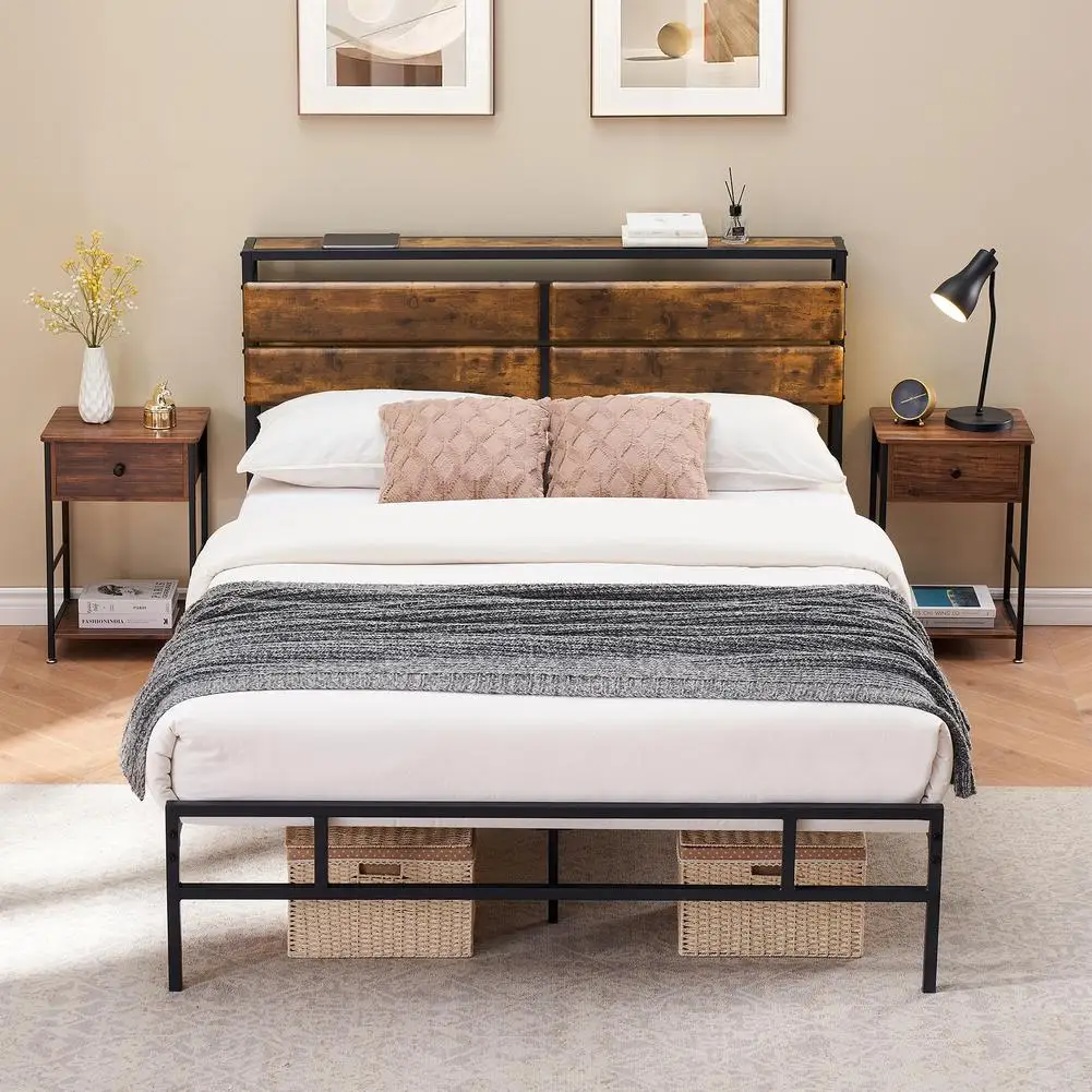 

Metal Platform Bed Frame with Storage Bedside Rustic Vintage Wood Headboard Strong Metal Slats Support No Box Spring Needed