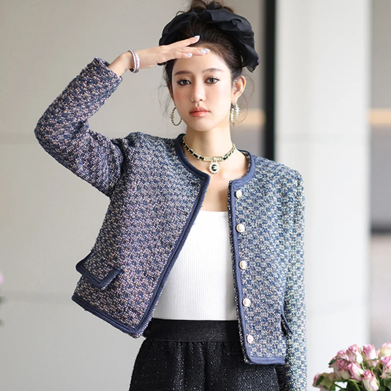 

High-end Women Cropped Jacket 2022 Fall Runway Designer Houndstooth Plaid Tweed Jackets Short coat Outwear