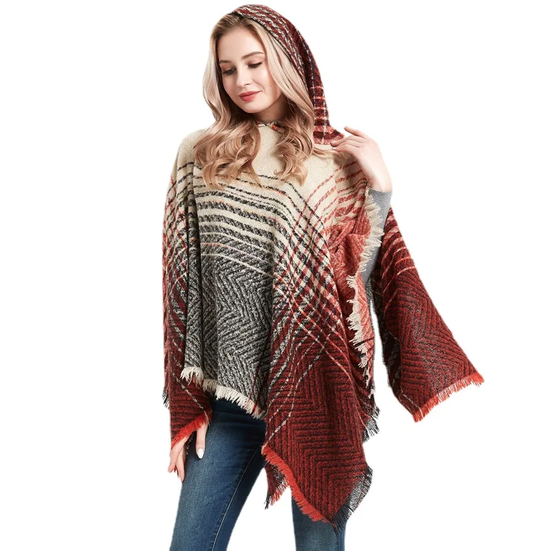 

CHENKIO Women's Fashion Gradient Color Knitted Tassel Poncho Shawl Pullover with Hood Ponchos for Women Shawl for Women Winter