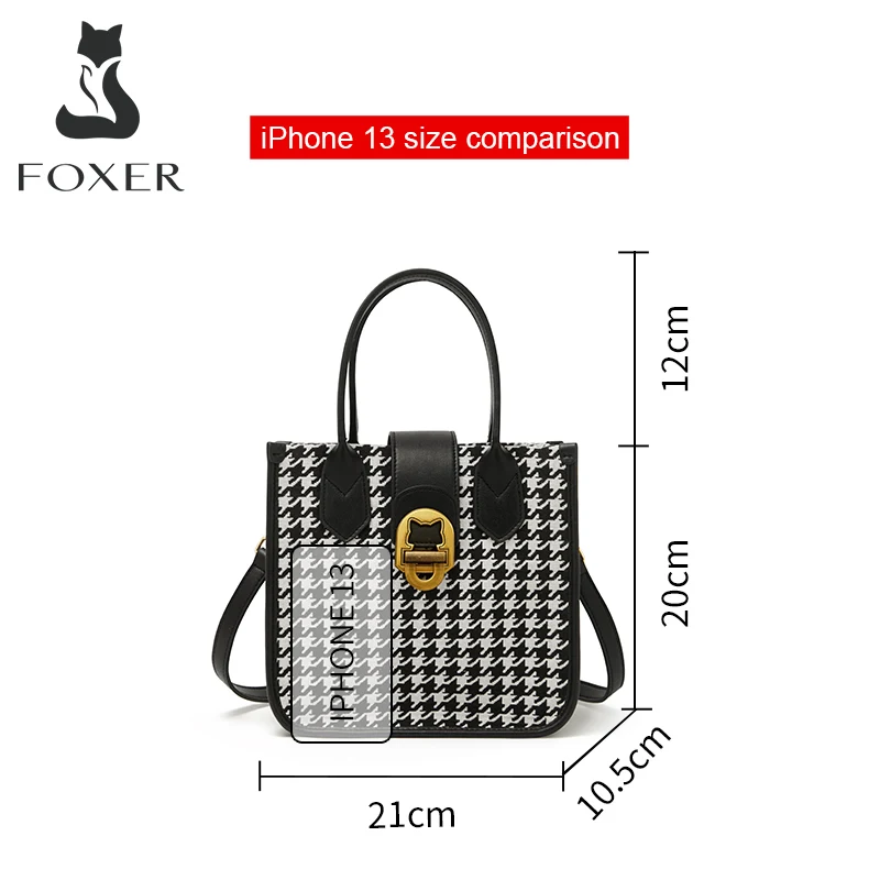 FOXER Female PU Leather Bucket Handbag Lady Houndstooth Commuter Shoulder Crossbody Bag For Women's Large-Capacity Messenger Bag