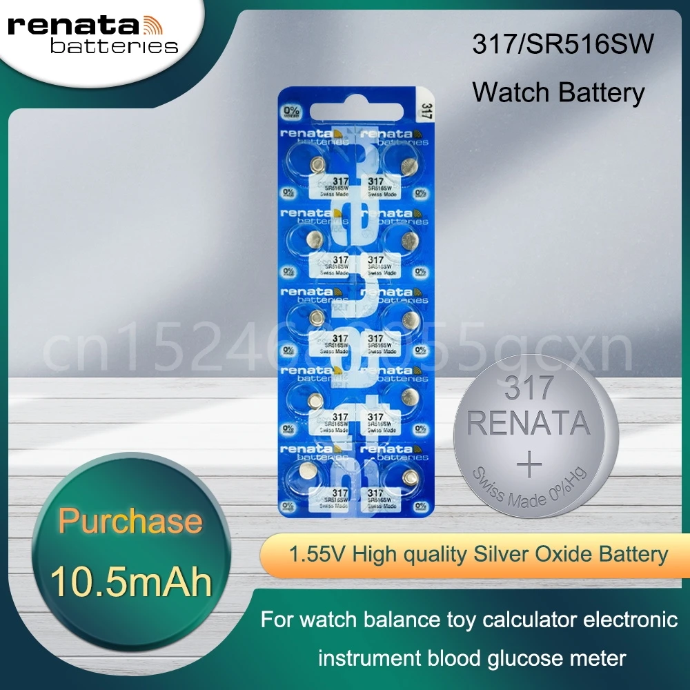 Оригинальный аккумулятор Renata 317 SR516SW D317 V317 SR62 1,55 в из оксида серебра для часов, швейцарская пуговица, монетница
