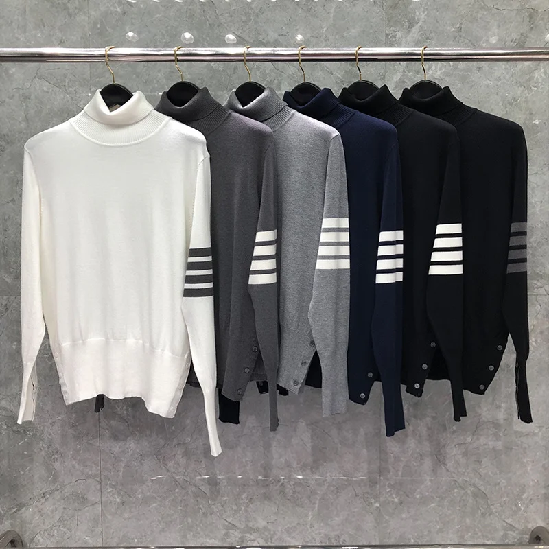 

Autunm THOM Sweaters Male Winter Fashion Brand Men's Clothing Classic White 4-Bar Design TurtleNeck Stripe Knit TB Pullovers