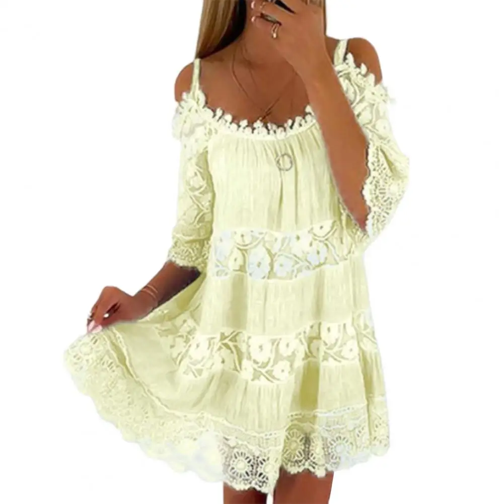 

Loose Summer Dress Women Embroidery Crochet Lace Scoop Neck Half Sleeves Cold Shoulder Mini Dress Yellow