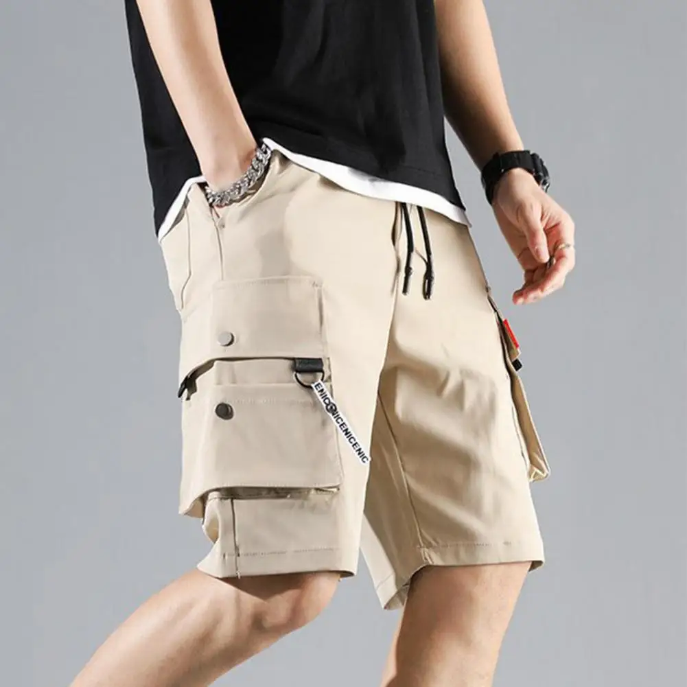 

Summer Men Elastic Waistband Drawstring Shorts Multi Pockets Solid Color Straight Wide Leg Mid-rise Sport Cargo Shorts Streetwea