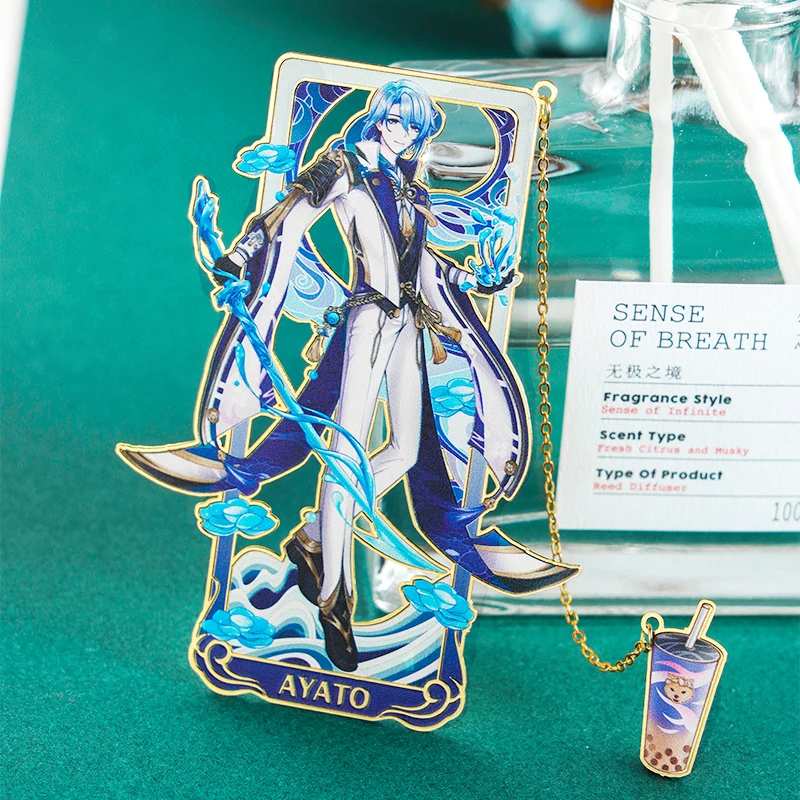 

Anime Genshin Impact Kamisato Ayato Cosplay Metal Bookmarks Souvenir Hollow Out Tassels Pendant Decor Collection Props Xmas Gift