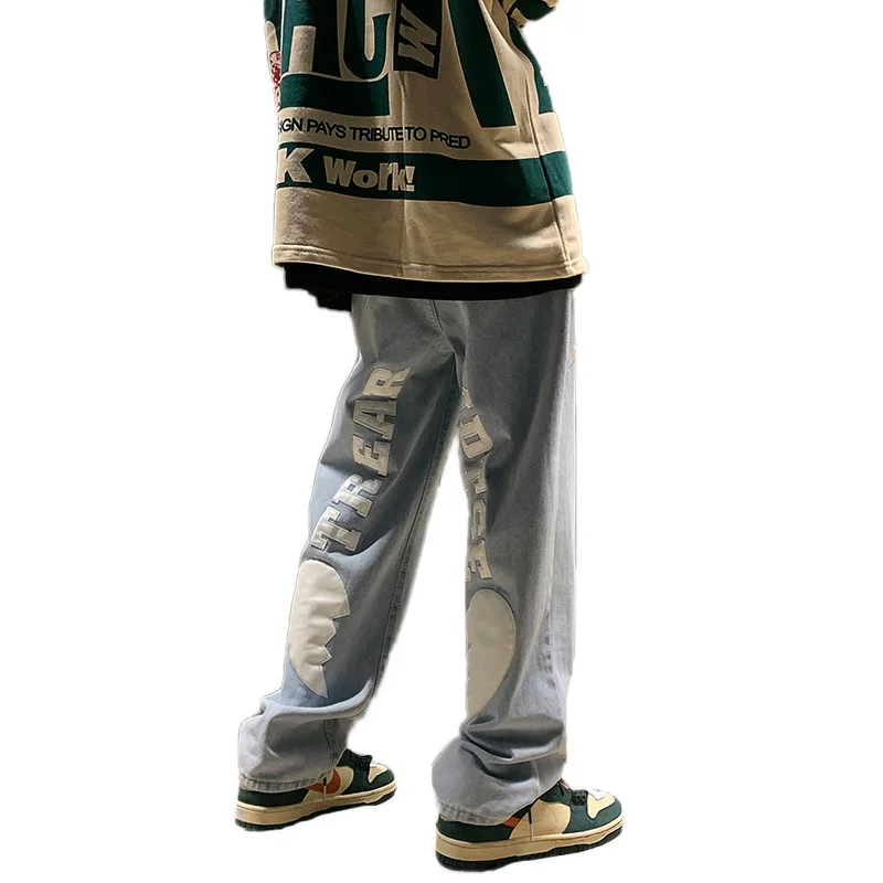 Emo Men Harajuku Letter Embroidery Streetwear Alt Jeans Hip Hop Wide Leg Baggy Denim Pants Grunge Low Waist Trousers Y2k Clothes