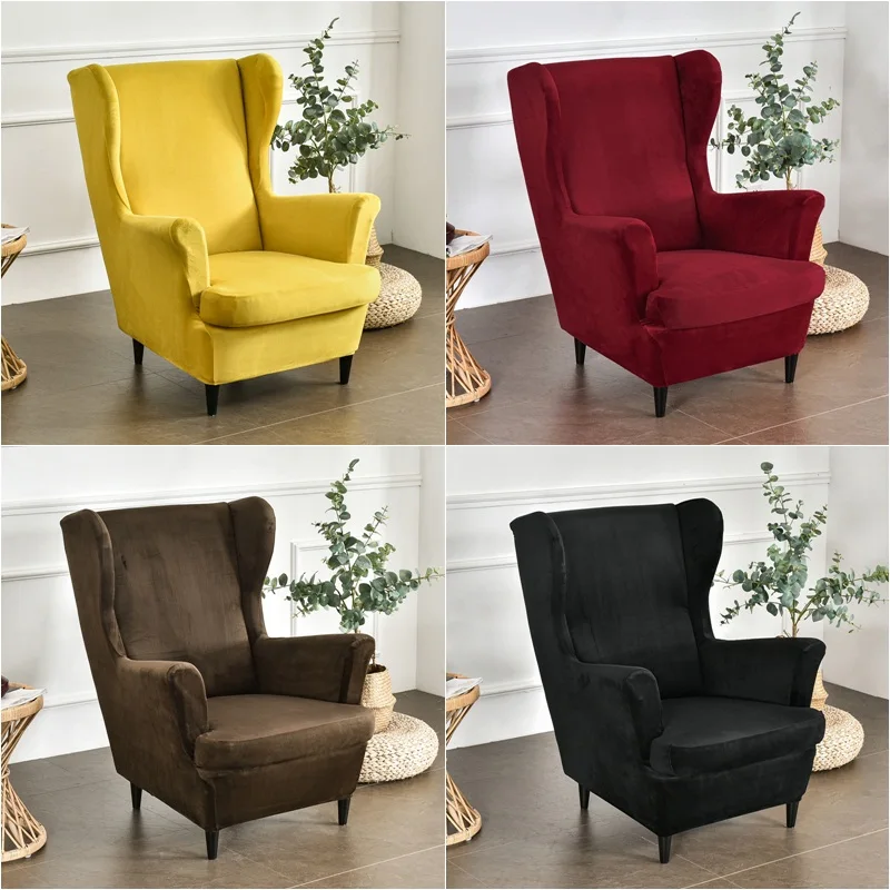 Velvet Wing Chair Cover Stretch Armchair Cover Solid Color Wingback Sofa Covers With Seat Cushion Cover Ottoman Footstool Covers