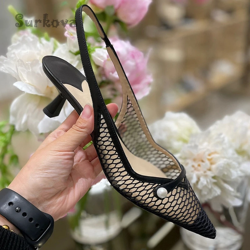 Mesh Pearl Ankle Wrap Sandals 2023 Summer Pointed Toe Kitten Heel Back Strap Pumps Fashion Bling High Heels Office Wedding Shoes