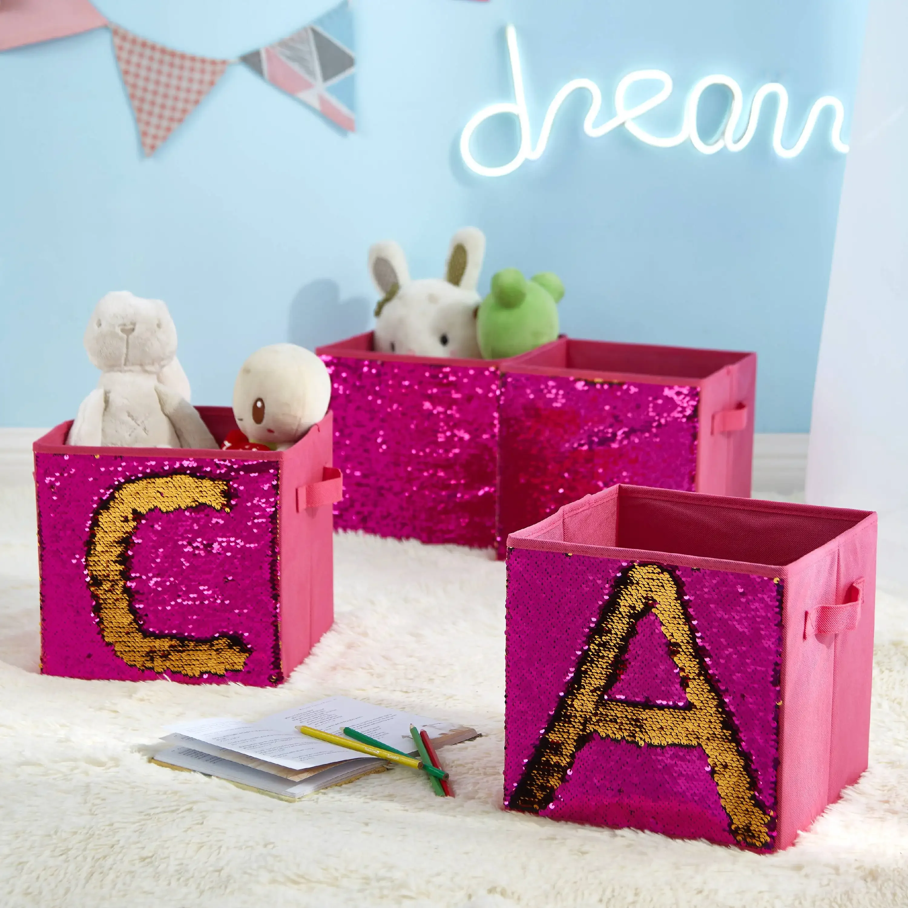 

Hot Pink Sequin Reversible to Gold Collapsible Storage Cubes, Set of 4 Fast Transportation