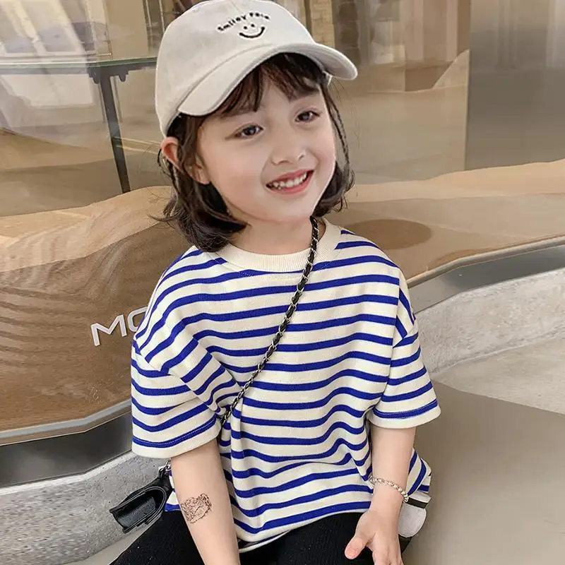 

2022 Summer Baby Girls T-shirts Toddlers Kids Striped T-shirts Korean Style Unisex Children Loose Casual Tops
