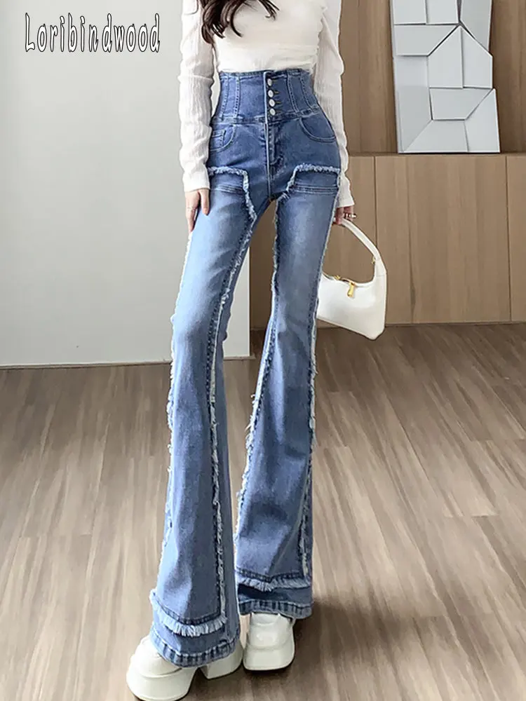 

Casual Super High Waist Stretch Jeans With Flanging And Trimming Flared Trousers 2023 New Fashion Women'S Clothing
