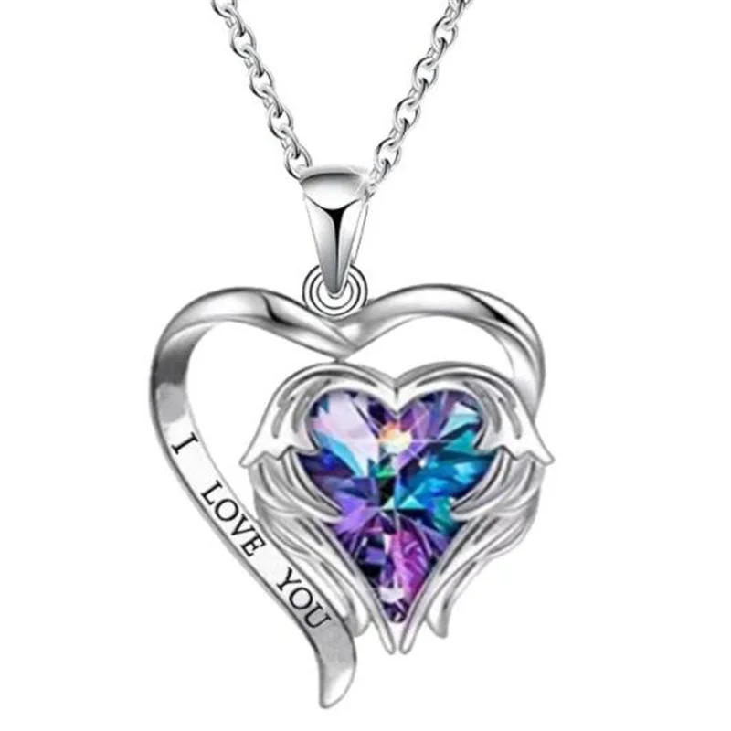 

Fashion Heart-Shaped Angel Wings Crystal Pendant Necklace Silver Color Necklace Temperament Women's Jewelry Gifts