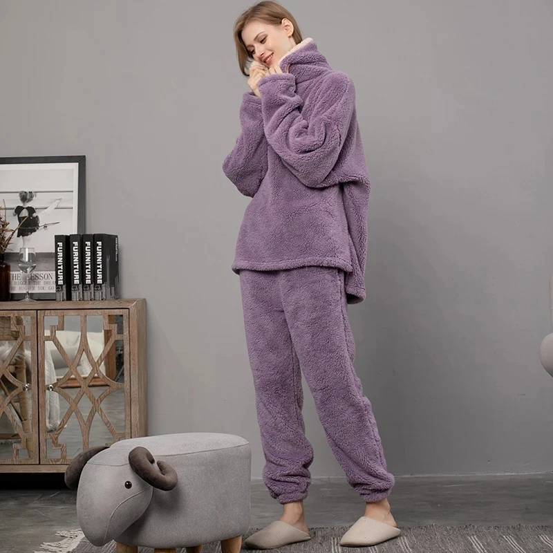 Women's Pajama Sets Solid Long Sleeve Winter Woman Fluffy Pijama Suit with Pants Thick Warm Fleece Home Clothes for Female