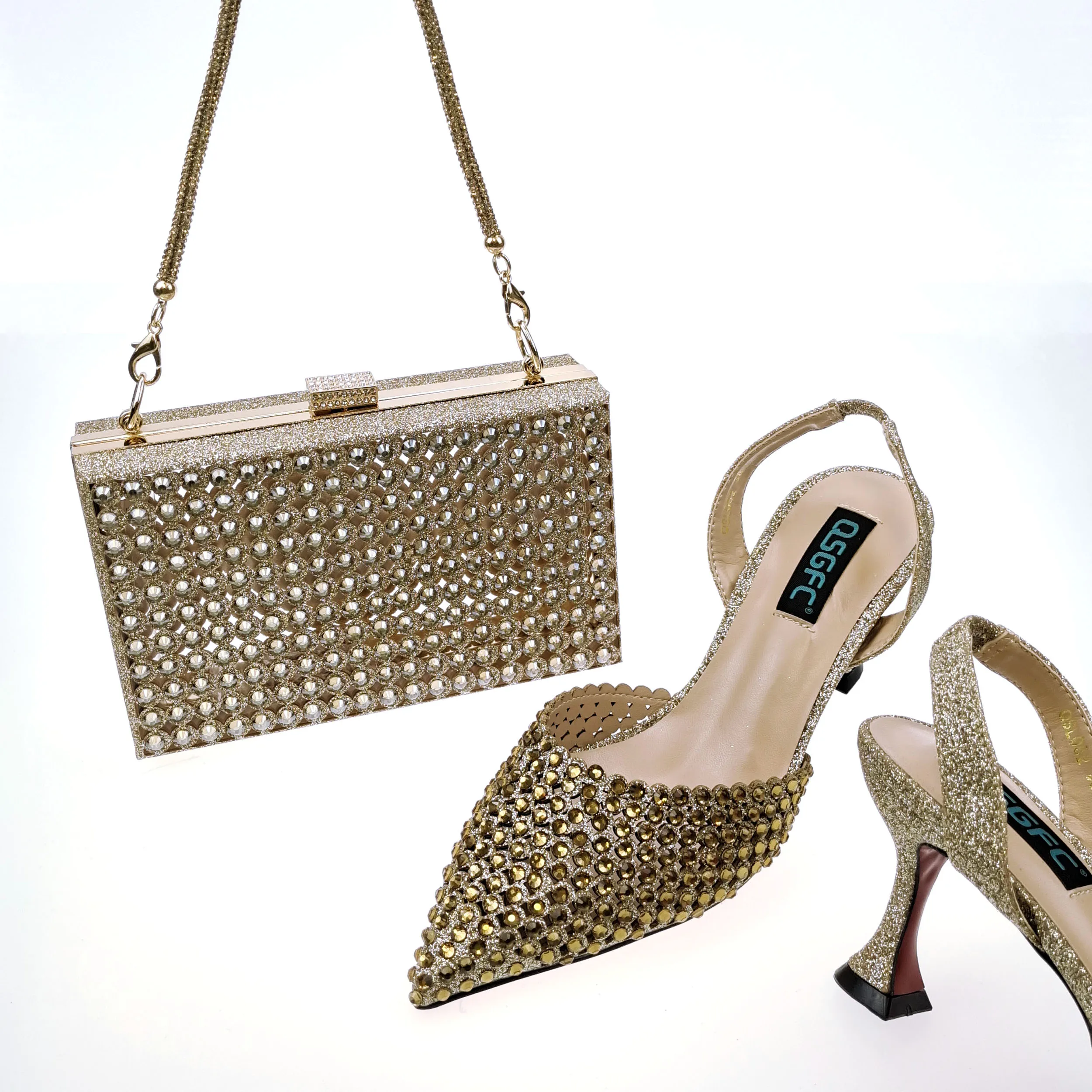 

doershow fashion lady Shoes and Bag Set Italy gold Color Italian Shoes with Matching Bag Set Decorated with Rhineston! SBB1-4