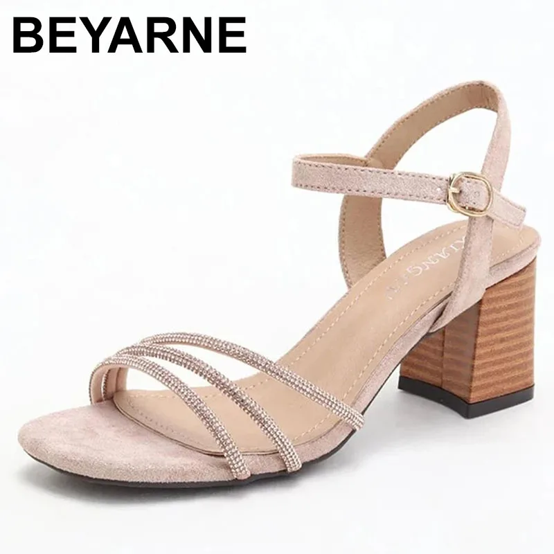 

Factory Direct Sale Women Block Heel Sandal 6.5cm Strappy Rhinestone Ankle Strap Office Lady Low Medium High Thick Heels Shoes