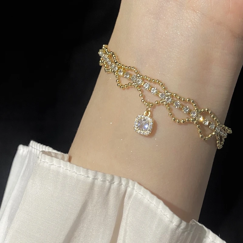 

MENGJIQIAO 2022 Korean Elegant Luxury Rhinestone Bracelet For Women Girls Fashion Square Zircon Bangle Wedding Jewelry Gifts