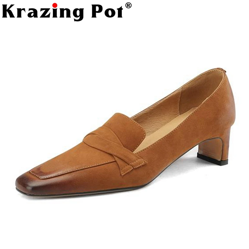

Лоферы Krazing Pot женские на среднем каблуке, овечья кожа, квадратный носок, повседневная простая стильная повседневная одежда, офисные туфли-л...