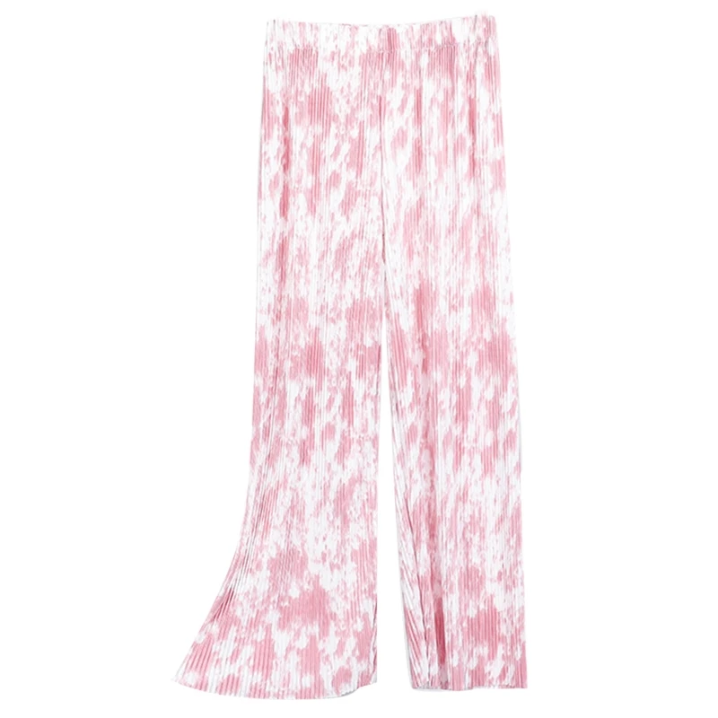 

Women Summer Elastic High Waist Pleated Wide Leg Pants Gradient Striped Print Ice Silk Flowy Loose Long Palazzo Trousers