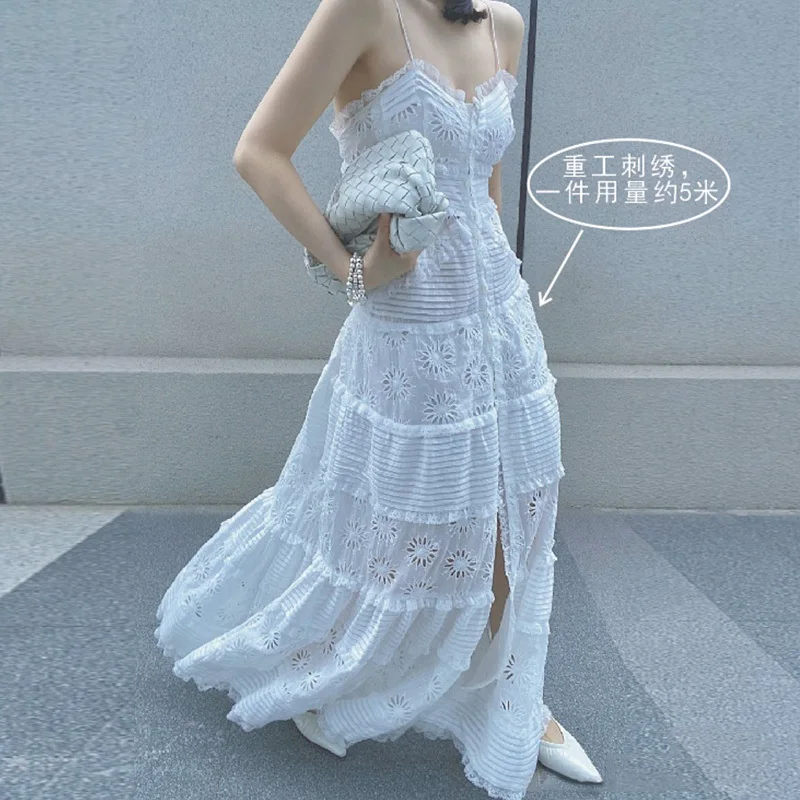 

23 Summer Elegant White Embroidery Hollowed Out Suspender Dress Women Sexy Off Shoulder Split Design Ruffle Holiday Maxi Dresses