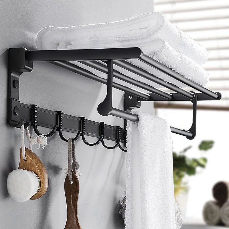 

Wall Mounted Towel Holder Aluminum Bathroom Shelf Shower Bar Hanger Adjustable Fold Clothes Rack with Hooks Bathroom Accessories