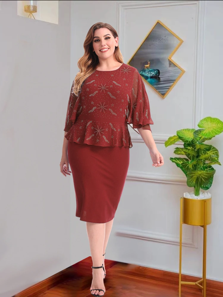 Women's Dress Design Heavy Process Hot Drilled Chiffon Temperament Slim Fit Dress plus size women clothing