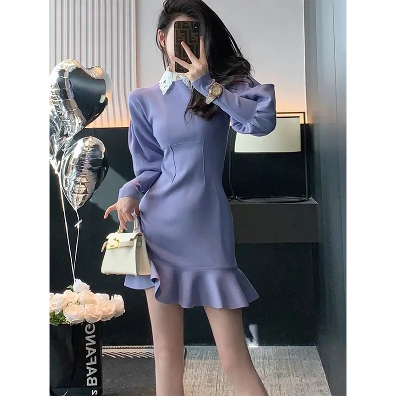 

MEXZT Elegant Mini Dress Women Lace Patchwork A Line One Piece Dresses Korean Sweet Lantern Sleeve Ruffles Slim Chic Vestidos