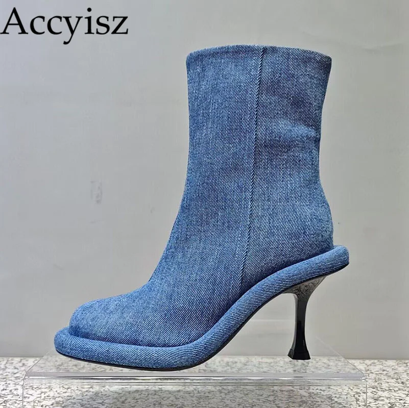 

Демисезонные женские ботинки до середины икры на тонком высоком каблуке, женские полусапожки из джинсовой ткани на толстой подошве, женские полусапожки в стиле ретро