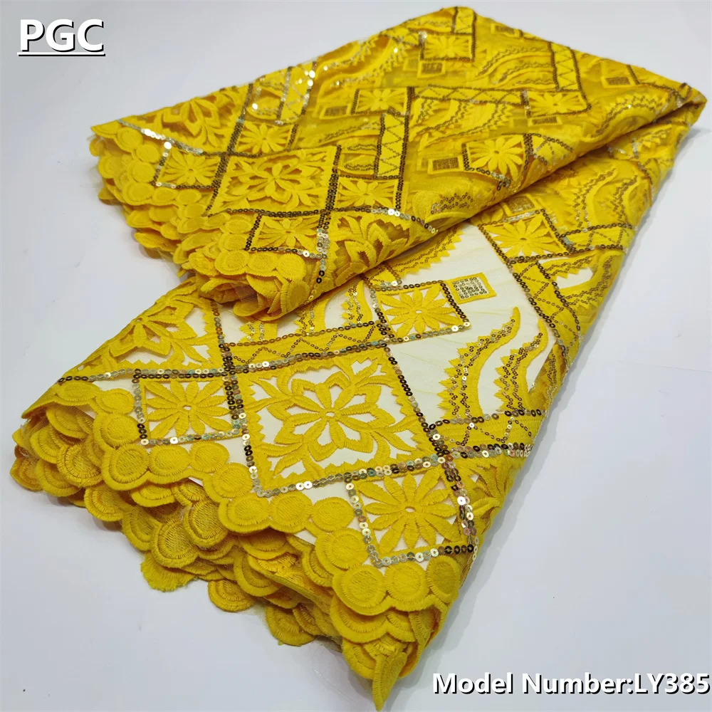 

PGC High Quality Embroidered French Tulle Lace Fabric 5 Yards Yellow African Mesh Lace Fabric Nigerian Lace For Party Materials