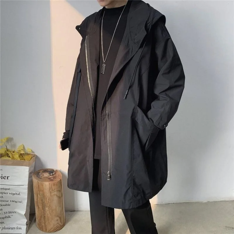 

Men's Spring and Autumn New Trench Coat Work Jacket Loose Jacket Mid Length Hooded Gown