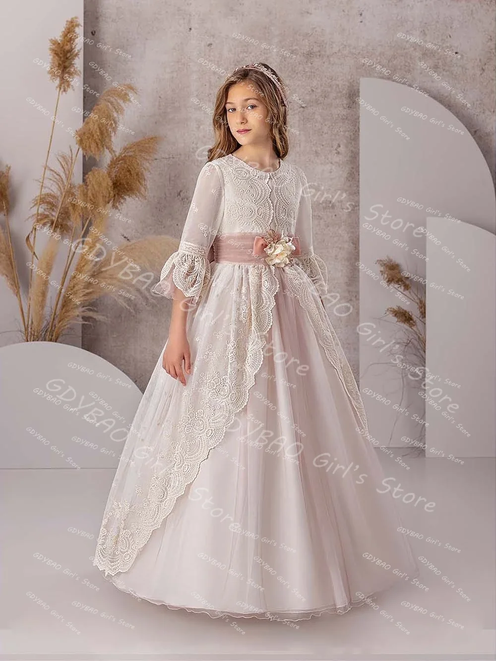 Кружевное платье принцессы с цветочным узором для девочек детское поясом и