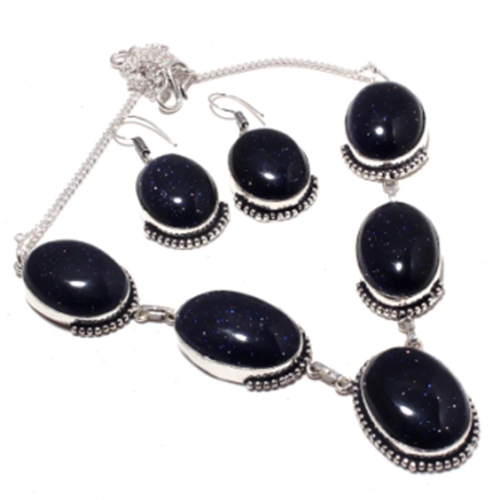 Ожерелье Blue SunStone + Серьги серебристые сверху меди, 52 см, N3909